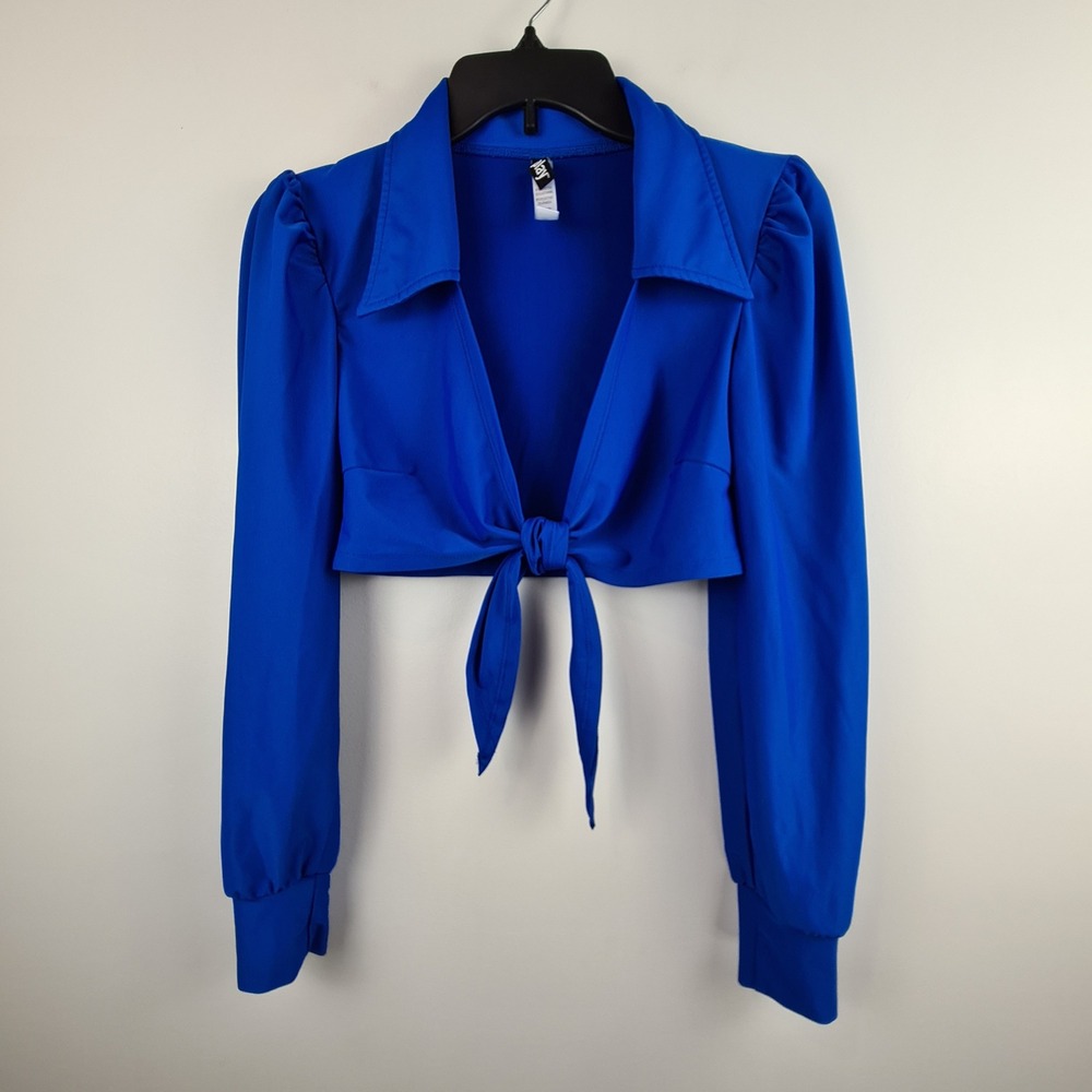 Forplay Royal Blue Front Tie Crop Top Puff Sleeve Collared S/M Festival Party